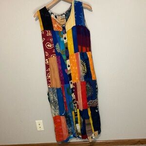 Kosi Bali Patchwork Button Front Dress, Size Large, Colorful patterned print